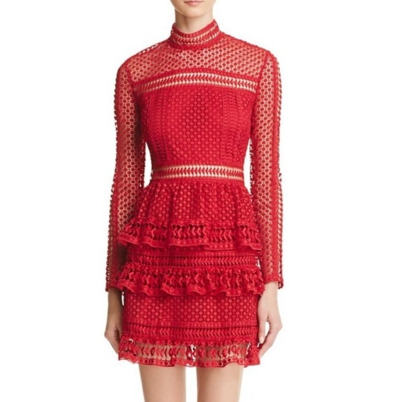 Self-Portrait Dresses & Skirts - AQUA | Red Lace Tiered Dress
